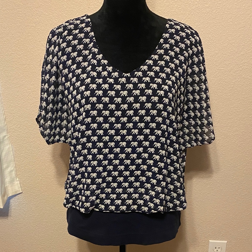 CAbi Navy Elephant Pattern Blouse